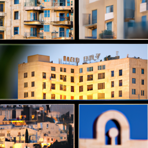 נוף פנורמי של הנוף העירוני של ירושלים עם מלונות תקציביים מודגשים